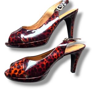 Clarks Wessex Bria Brown & Black Leopard Patent High Heel Peeptoe Slingback 7M